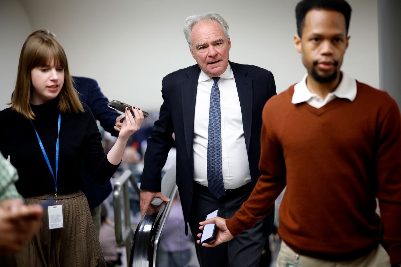 Sen. Tim Kaine walks to the Senate chamber at the US Capitol on April 23 in Washington, DC