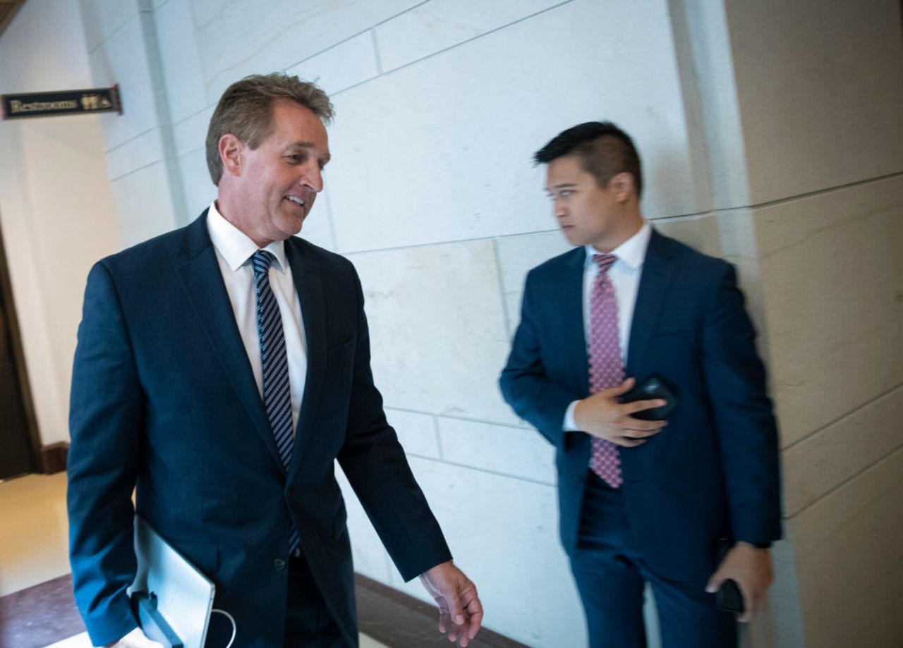 Sen. Jeff Flake (R-AZ) arrives at the Office of Senate Security, which houses a 'sensitive compartmented information facility,' or SCIF,  to view the the FBI report on Supreme Court nominee Judge Brett Kavanaugh on Oct. 4, 2018 in Washington, DC. 