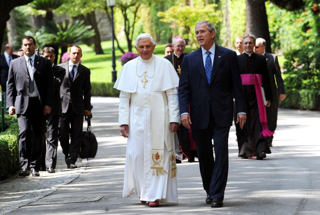 Pope Benedict XVI meets with US President George W. Bush in Vatican City in June 2008. 