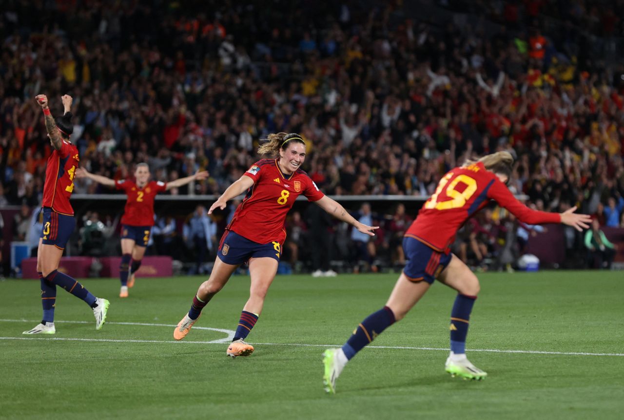 Spain celebrates after Olga Carmona scored the team's first goal.