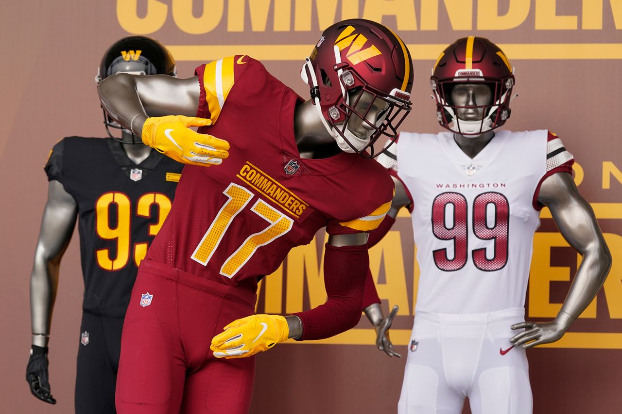 Washington Commanders jerseys are displayed at an event to unveil the NFL football team's new identity, on February 2, in Landover, Maryland.