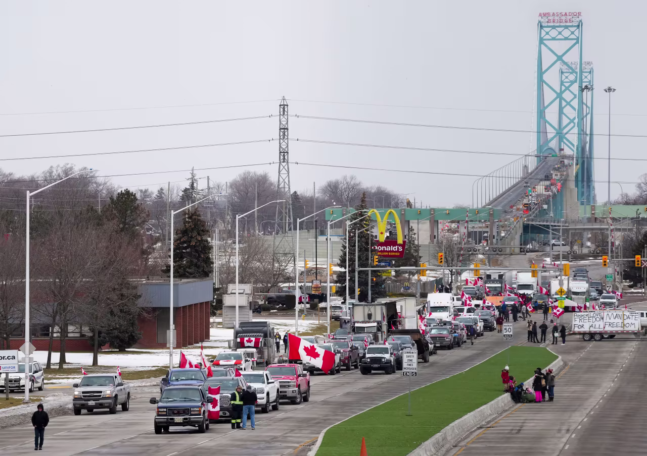 Truckers and supporters block access to the Ambassador Bridge in Windsor, Ontario, on February 10.