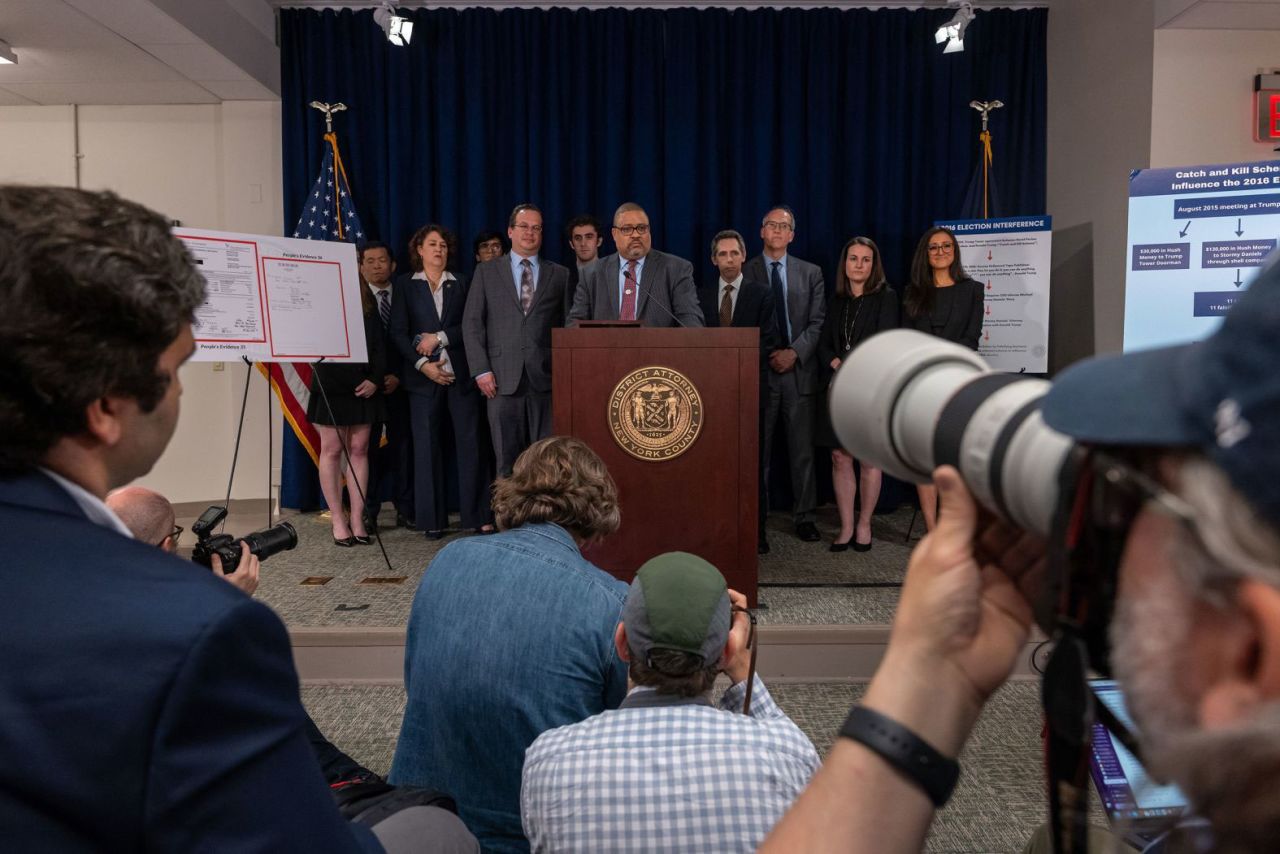 Manhattan District Attorney Alvin Bragg stands with members of his staff at a news conference held following Trump's conviction on May 30. "Our job is to follow the facts and the law without fear or favor, and that's exactly what we did here," Bragg said, adding that while there are "many voices out there, the only voice that matters is the voice of the jury." 