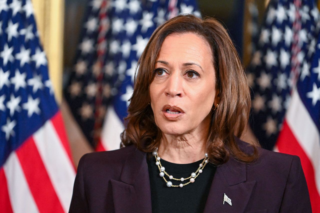 Vice President Kamala Harris speaks to the press after meeting with Israeli Prime Minister Benjamin Netanyahu in the Vice President's ceremonial office at the Eisenhower Executive Office Building in Washington, DC, on July 25.