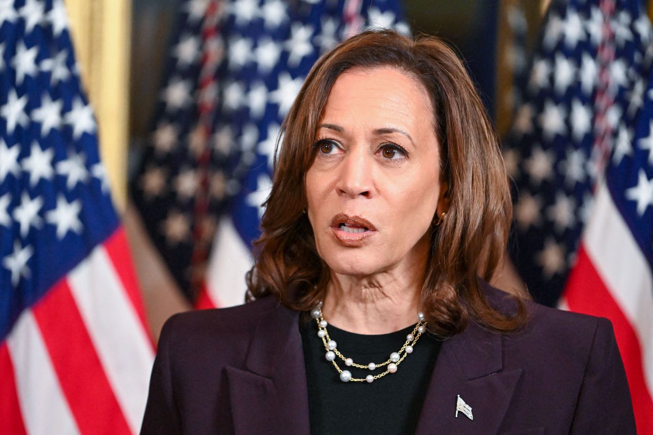 Vice President Kamala Harris spoke to reporters after meeting with Israeli Prime Minister Benjamin Netanyahu in the Vice President's Office in the Eisenhower Executive Office Building in Washington, DC on July 25.