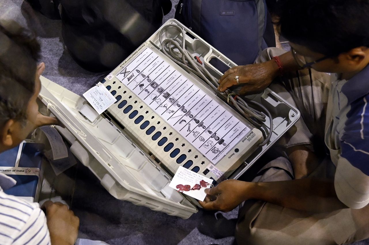 An electronic voting machine shows party symbols alongside candidates' names, ahead of the seventh and final phase of Lok Sabha Election at the Netaji Indoor Stadium in Kolkata on May 31, 2024 in Kolkata.
