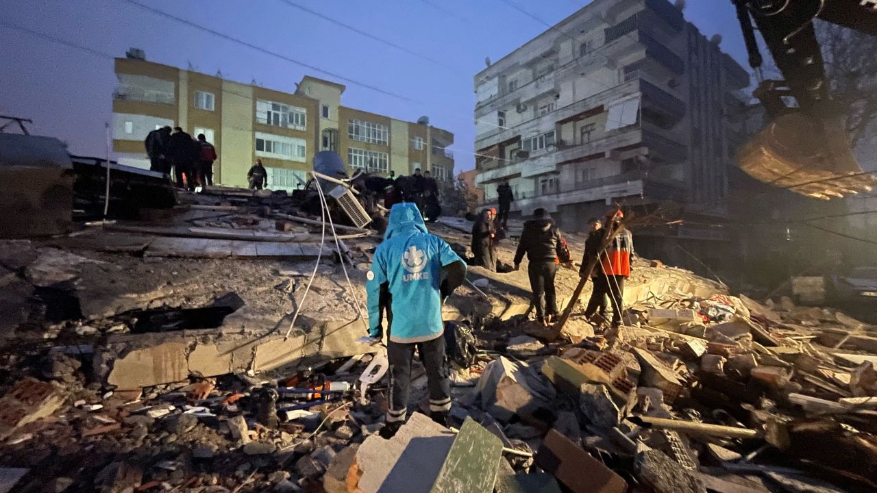 Buildings collapse in Sanliurfa, Turkey, on February 6.