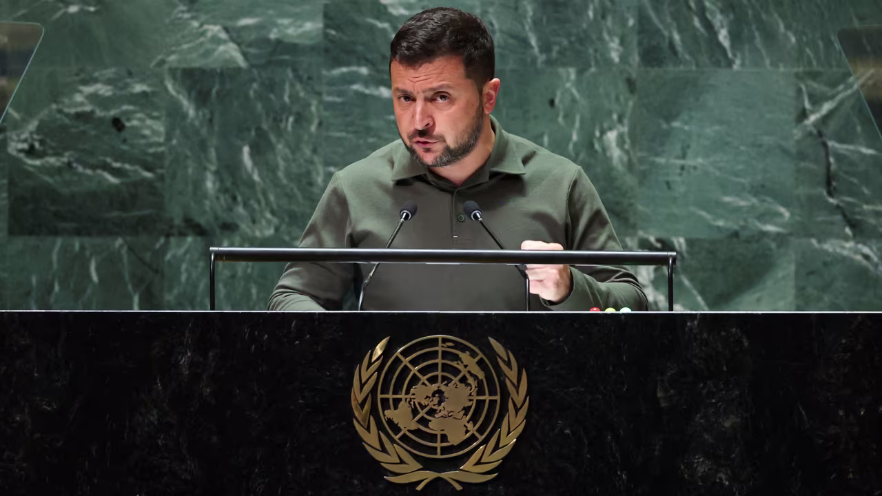 Ukraine's President Volodymyr Zelensky addresses the 78th Session of the U.N. General Assembly in New York City, on September 19, 2023.