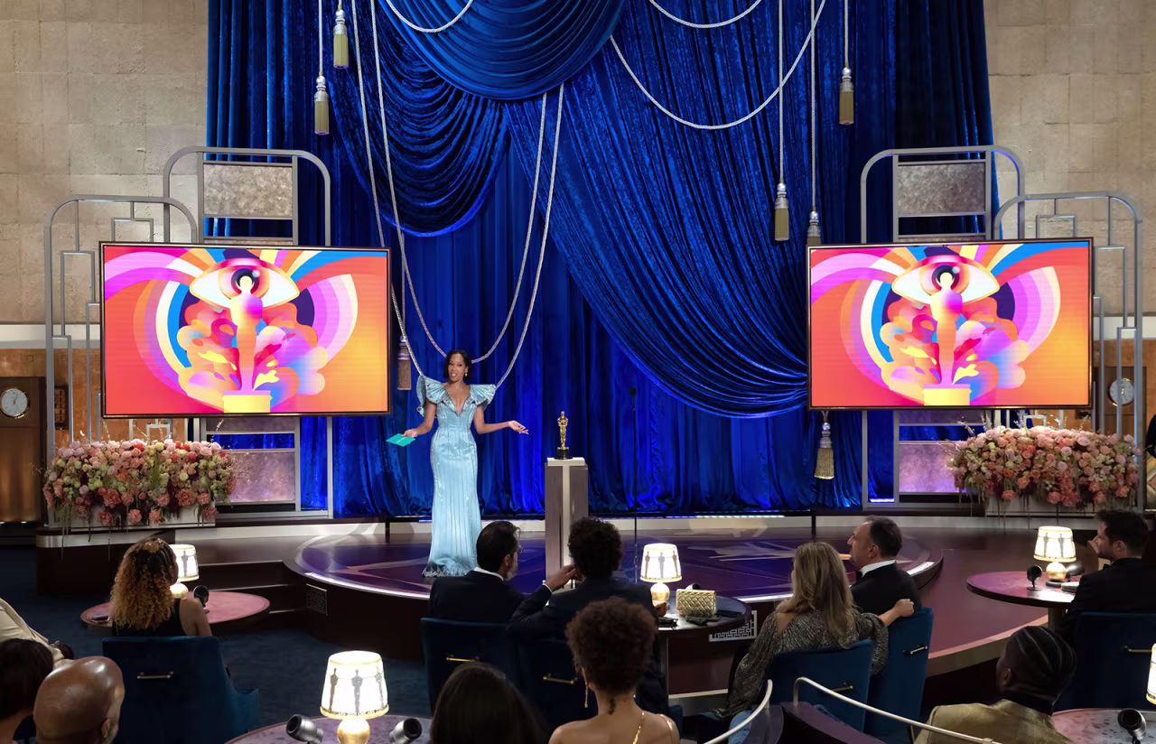 In this handout photo provided by A.M.P.A.S., Regina King speaks onstage during the 93rd Annual Academy Awards at Union Station on April 25 in Los Angeles. 