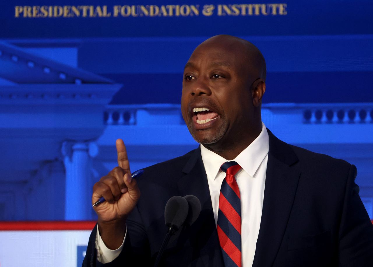 Sen. Tim Scott is seen at Republican Primary Debate on Wednesday, September 27, 2023.