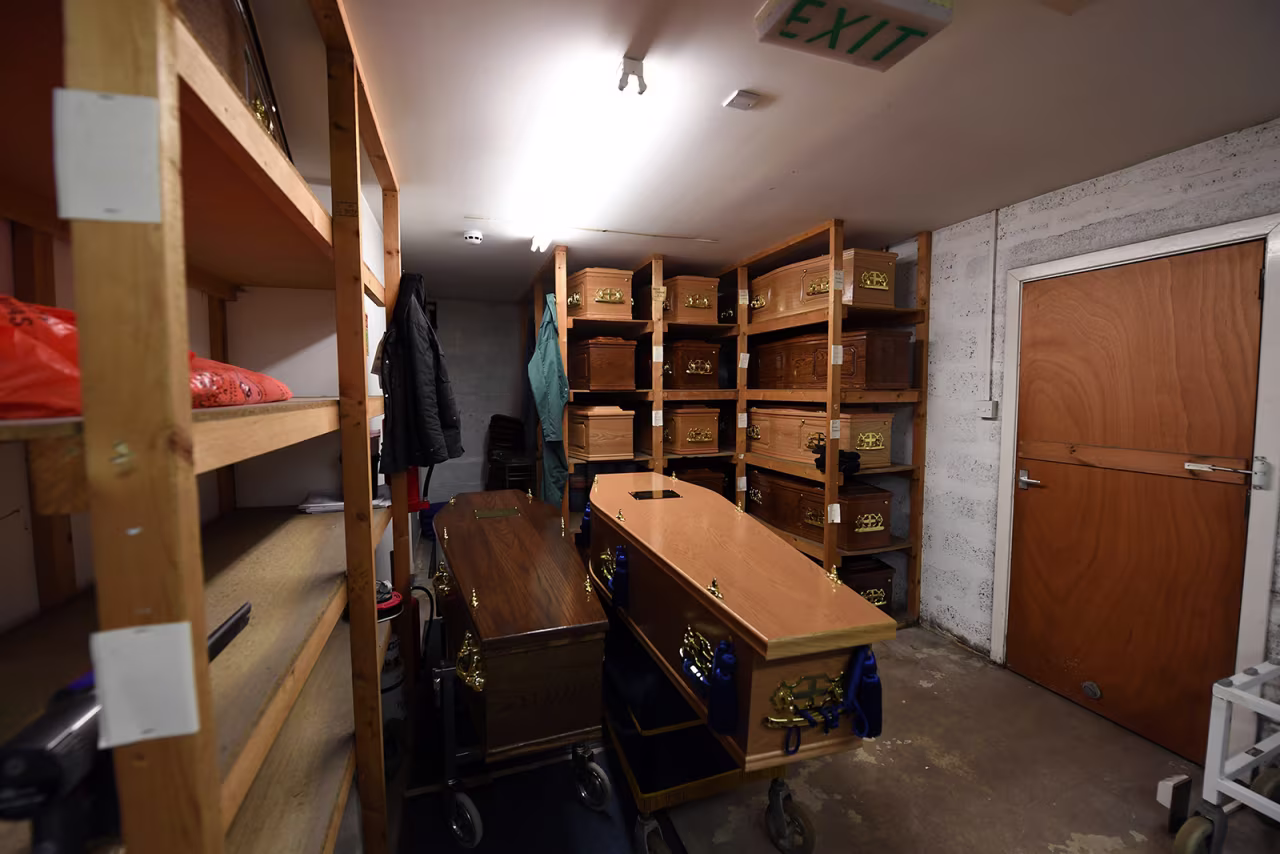 Coffins are seen in the mortuary at Emslie S. Collier and Son Funeral Directors in Montrose, east Scotland on Monday, May 4.