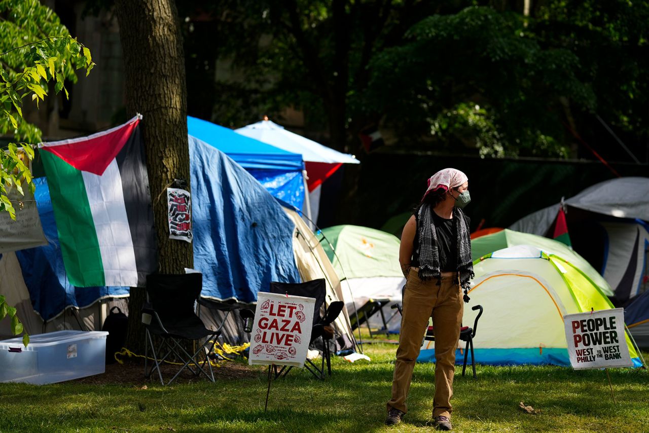 New York University students set up a "Liberated Zone" tent encampment in Gould Plaza at NYU Stern School of Business on April 22