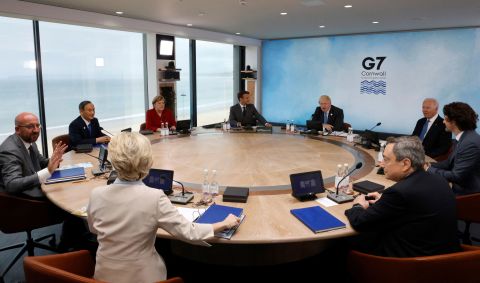 President of the European Council Charles Michel, left, speaks with leaders at the G7 summit in Carbis Bay, England, on June 11.