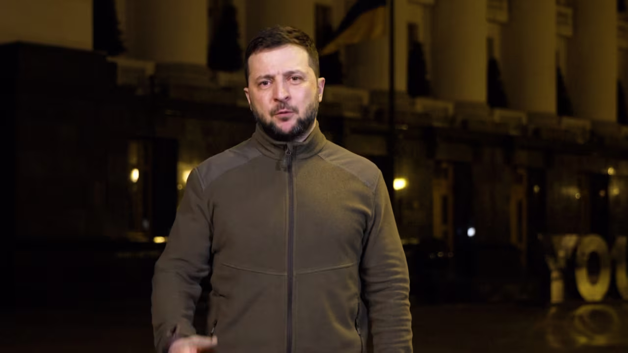 Ukrainian President Volodymyr Zelensky speaks during his nightly address to Ukraine on Thursday.