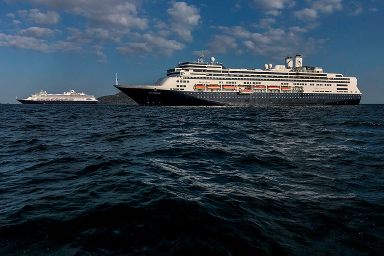 Holland America's cruise ship Zaandam, left, and the Rotterdam cruise ship are seen in Panama City bay on March 28.