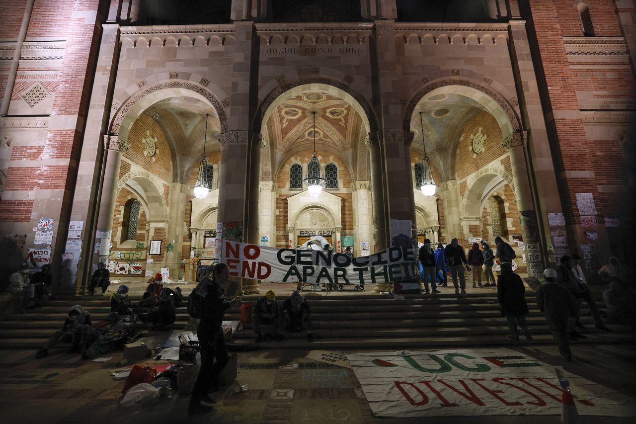 Banners and signs are seen on Royce Hall inside the encampment set up by pro-Palestinian students and activists as they demonstrate on the campus of UCLA in Los Angeles, California, on May 1.