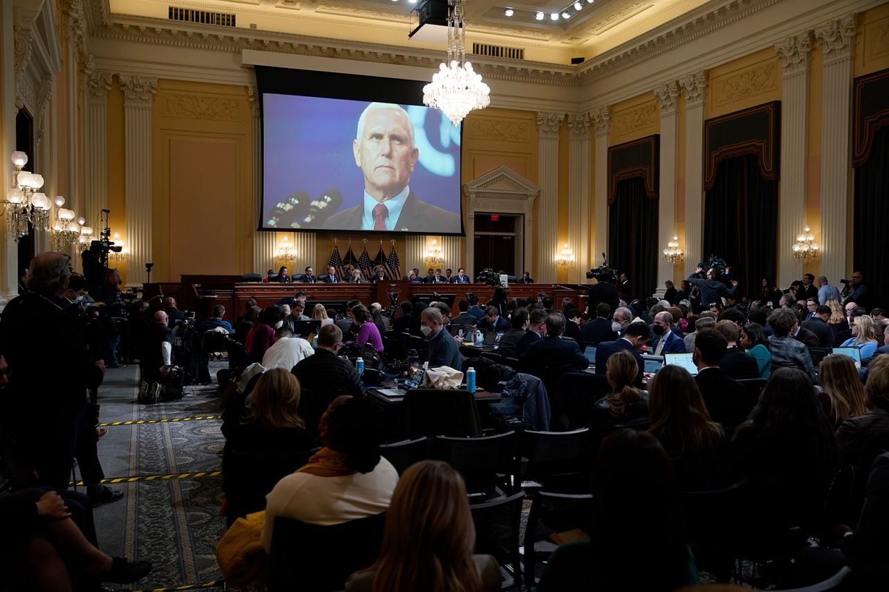 Former Vice President Mike Pence displayed on a screen during a hearing of the Select Committee to Investigate the January 6th Attack on the US Capitol in Washington, DC, on Monday, December 19, 2022.