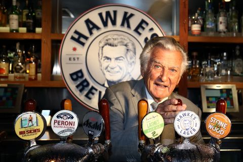 Bob Hawke pours a beer at the launch of Hawke's Lager at The Clock Hotel on April 6, 2017 in Sydney, Australia.