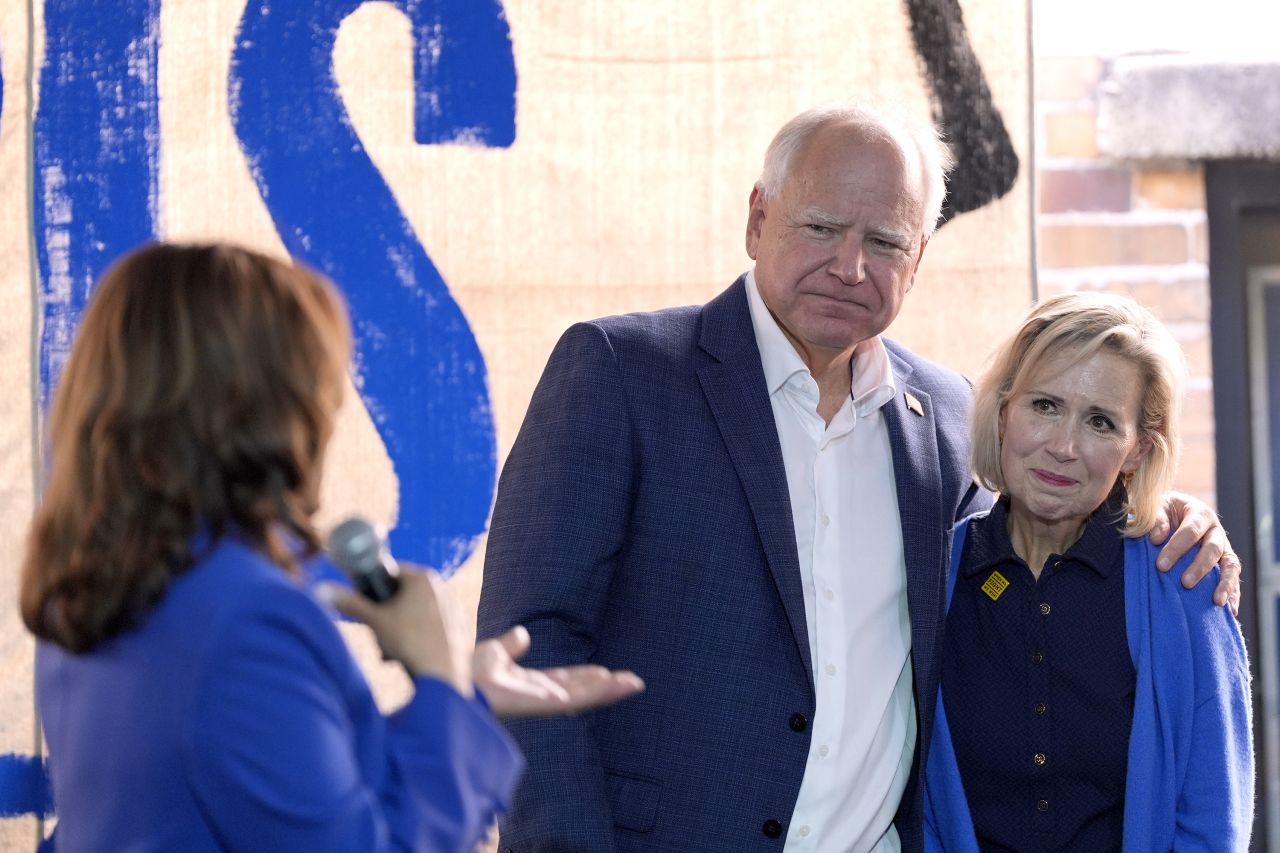 Vice President Kamala Harris, from left, addresses Democratic vice presidential nominee Minnesota Gov. Tim Walz and his wife Gwen Walz at a campaign event in Rochester, Pennsylvania, on August 18.