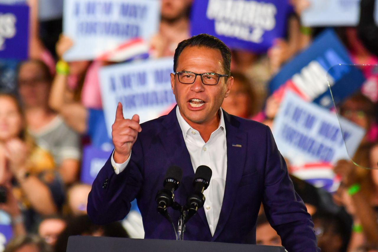 Pennsylvania Governor Josh Shapiro speaks during the campaign rally on September 13, in Wilkes-Barre, Pennsylvania.