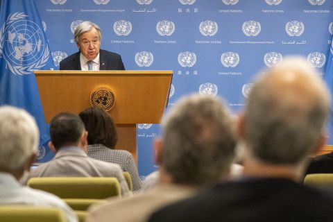 UN Secretary-General Antonio Guterres addresses reporters during a news conference to introduce the second report of the Global Crisis Response Group on June 8, at UN headquarters, New York.