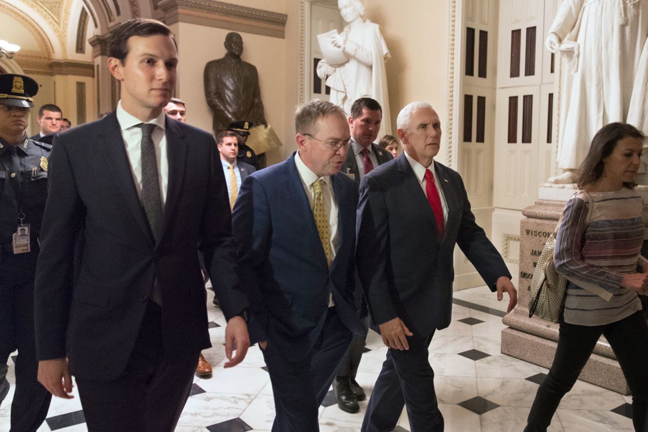 White House senior adviser Jared Kushner, acting chief of staff Mick Mulvaney and Vice President Mike Pence met with lawmakers at the US Capitol Dec. 21, 2018 in Washington, DC. 