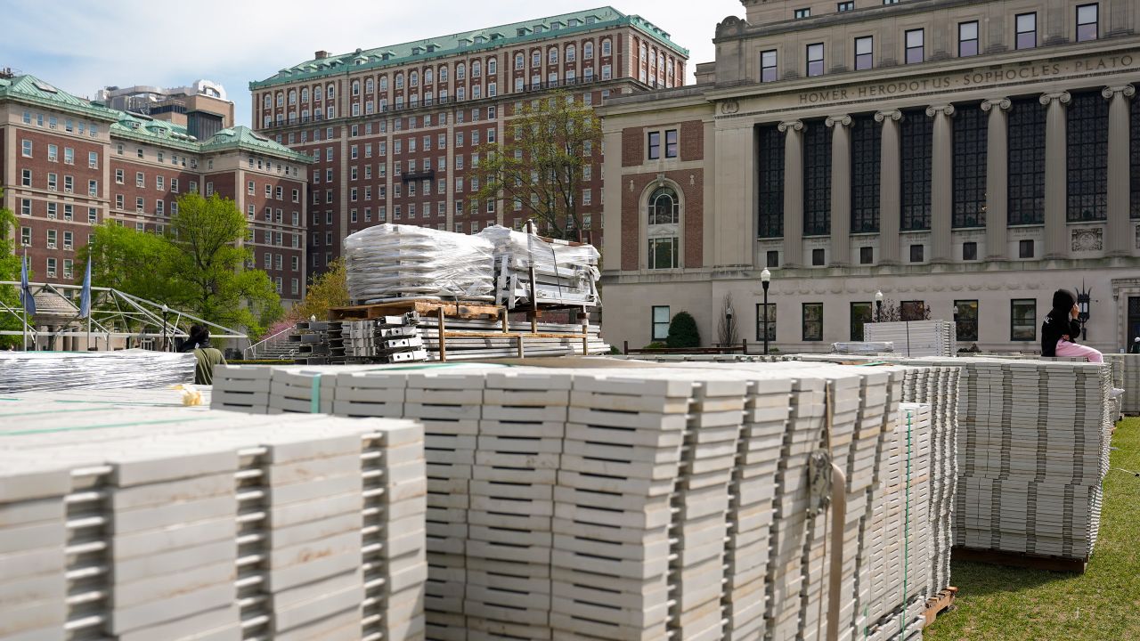 Construction supplies for the graduation ceremony sit at the center of campus at Columbia University on April 30.