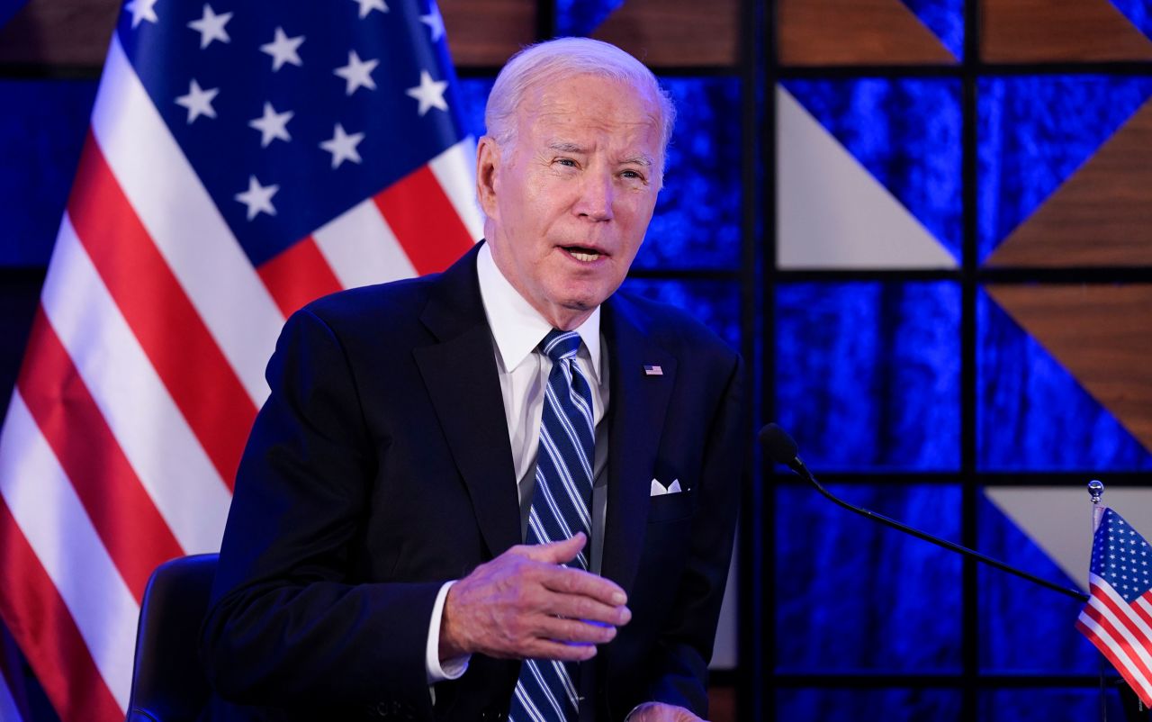 President Joe Biden speaks as he meets with Israeli Prime Minister Benjamin Netanyahu on October 18 in Tel Aviv, Israel.