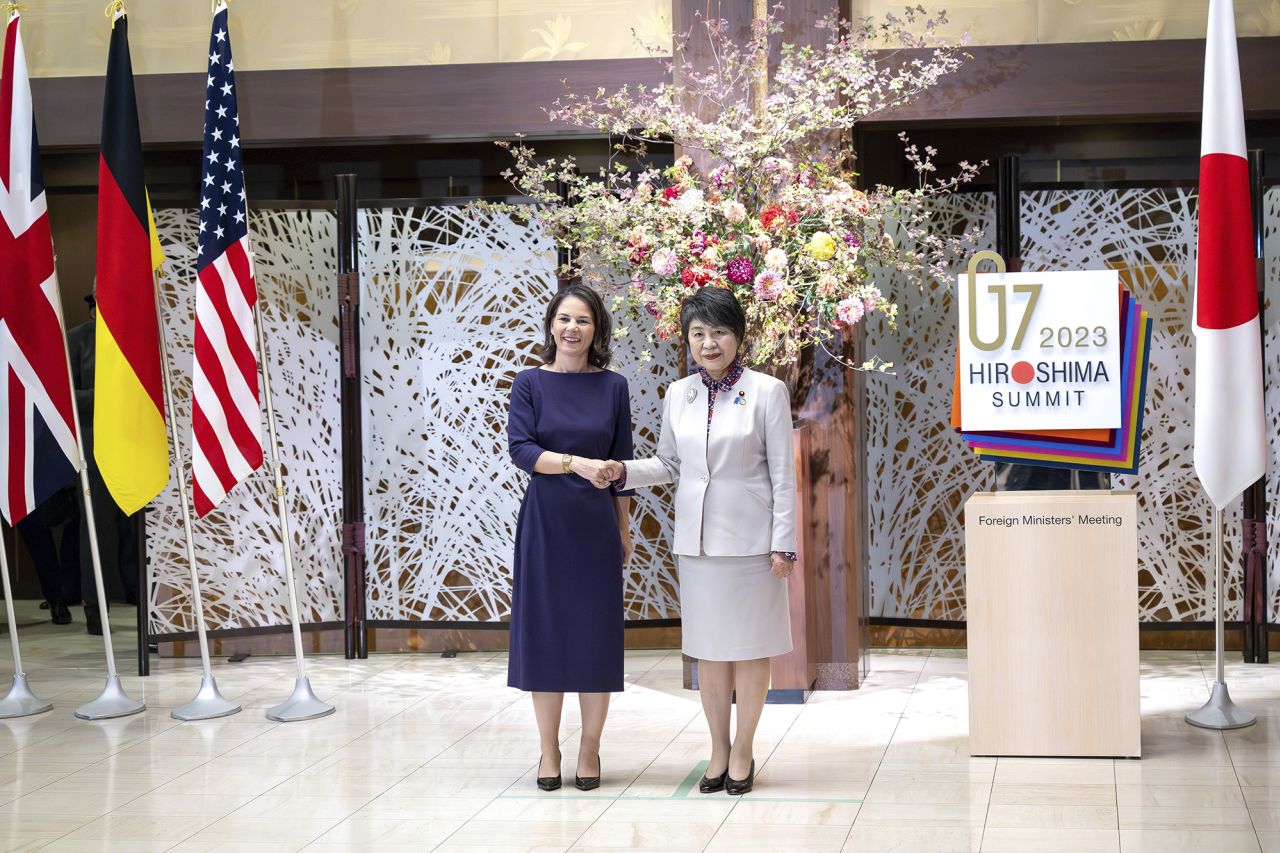 German Foreign Minister Annalena Baerbock is received in Tokyo by Japanese Foreign Minister Yoko Kamikawa on November 7.