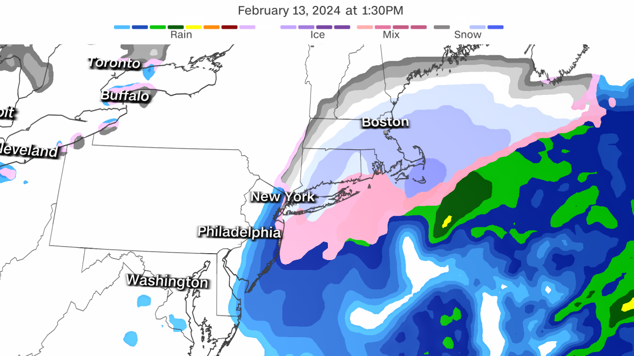 This future weather radar shows snow mainly over southern New England by the early afternoon.