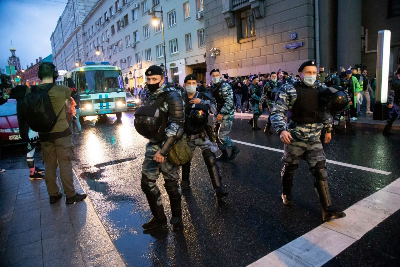 Police in Moscow block a road during a July 2020 protest against the results of voting on constitutional amendments. Activists called for a protest against the constitutional reform that allows Russian President Vladimir Putin to stay in power until 2036.