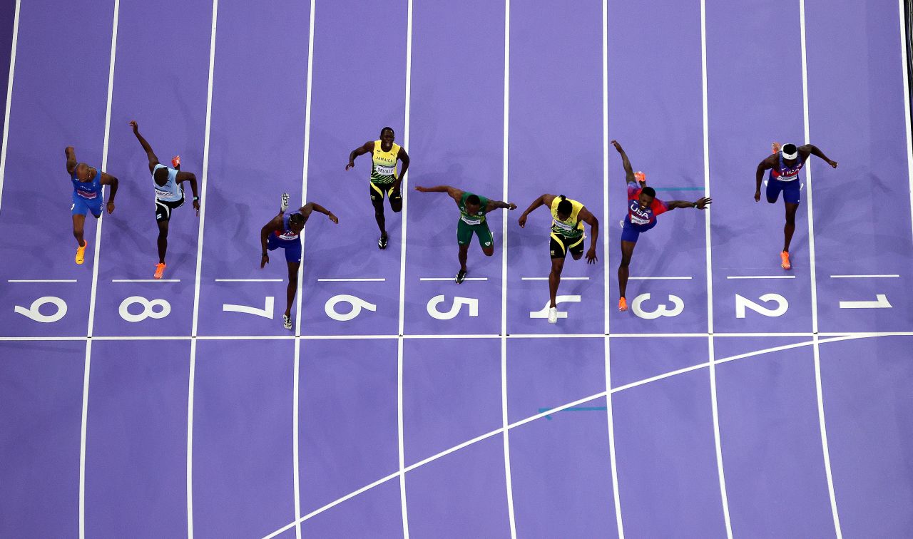 American sprinter Noah Lyles, in Lane 7, races to win gold in the 100-meter dash on August 4. The race was incredibly close and came down to a photo finish. Silver medalist Kishane Thompson of Jamaica was in Lane 4.