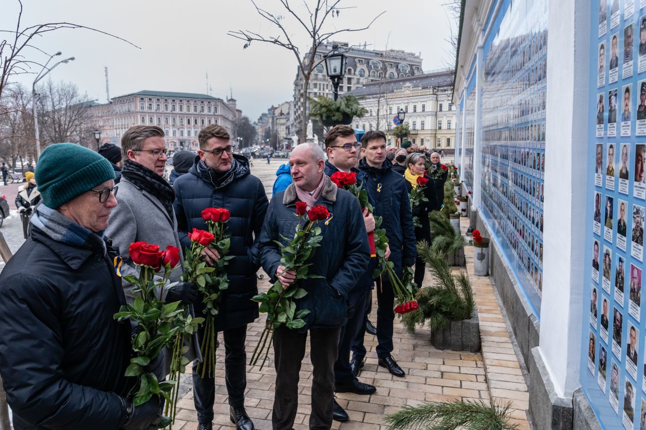 Ambassadors of European countries lay roses at the Wall of Remembrance to mark a "Day of Unity" in Kyiv,  on February 16. The wall contains the names and photographs of military members who died since the conflict with Russian-backed separatists began in 2014.