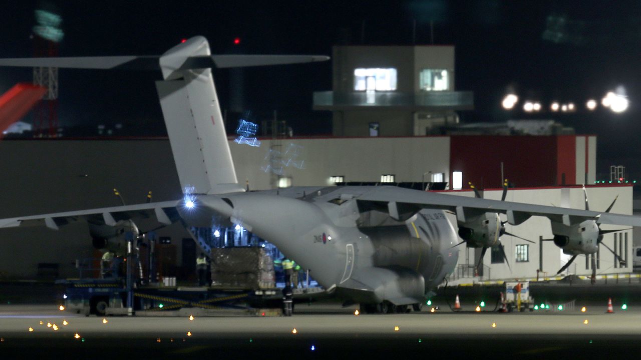 A British Royal Air Force plane is seen at Istanbul Airport, Turkey, to transport personal protective equipment to the UK.