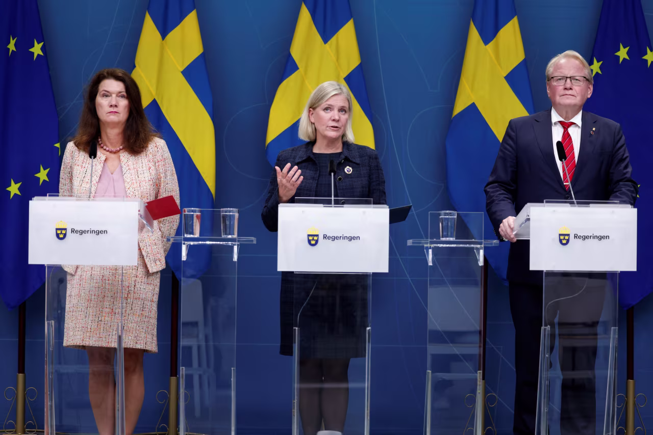 From left to right, Swedish Foreign Minister Ann Linde, Prime Minister Magdalena Andersson and Defense Minister Peter Hultqvist hold a news conference about the Nord Stream gas leak in Stockholm on September 27.