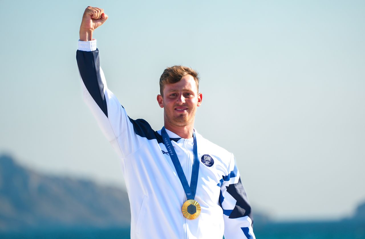 Tom Reuveny of Israel wins the gold medal for men's windsurfing during the Olympic Games Paris 2024 on August 3 at Marseille Marina in Marseille, France.