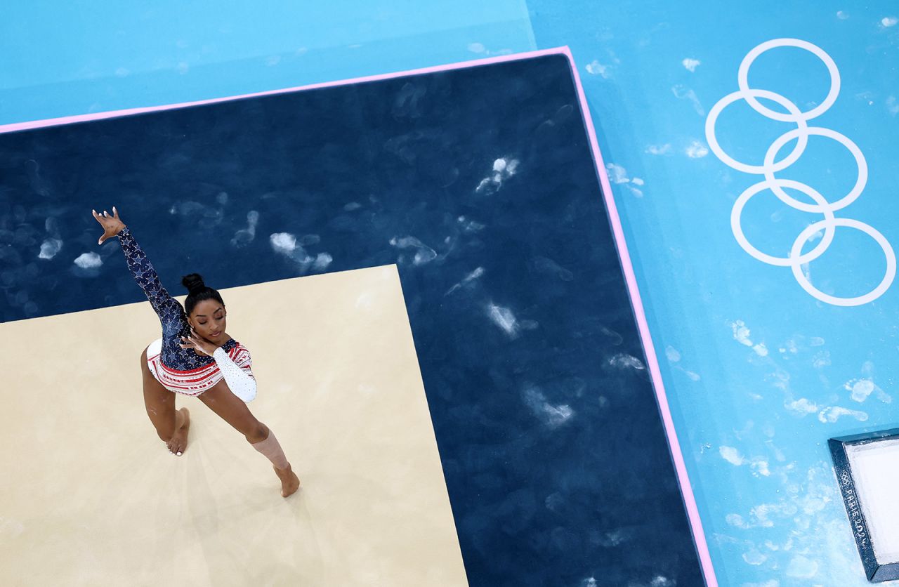 Simone Biles of Team United States competes on the floor during the artistic gymnastics women's team final on July 30.