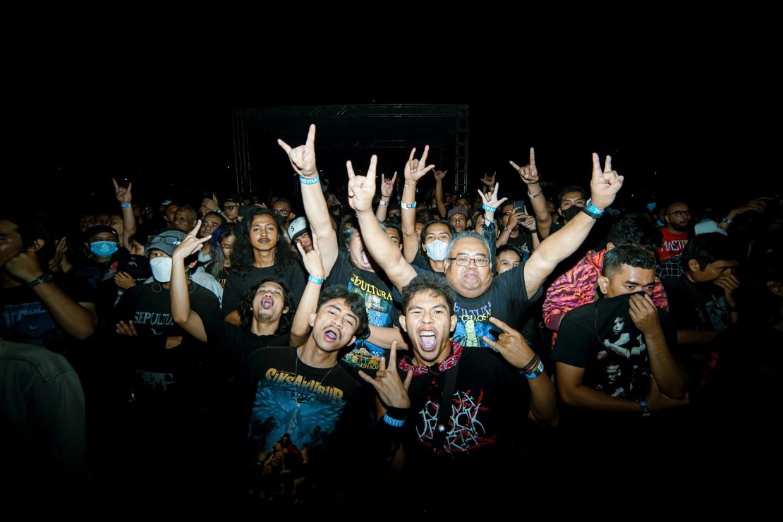 Metalheads rock out in the mosh pit at this year's Jogjarockarta festival.