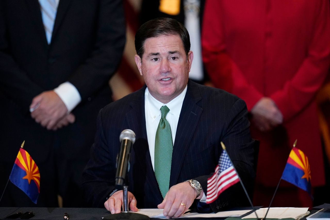 Arizona Gov. Doug Ducey speaks in Phoenix on April 15, 2021. 