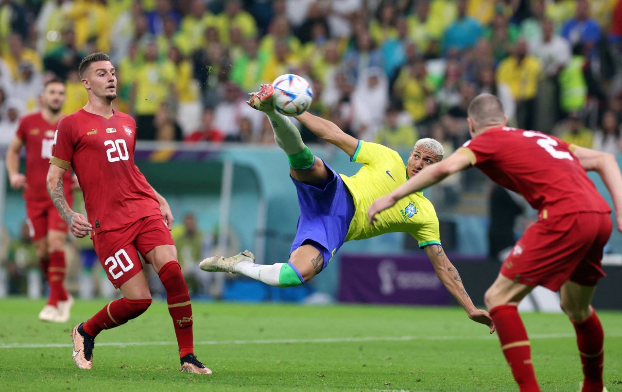 Brazil's Richarlison scores their second goal during the match against Serbia at Lusail Stadium in Lusail, Qatar on November 24.