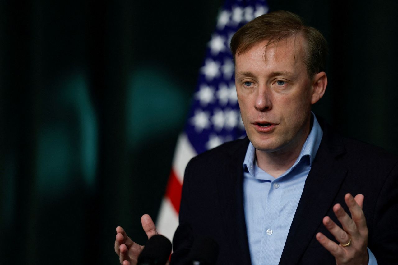 National Security Advisor Jake Sullivan speaks to the press at Camp David on Friday.