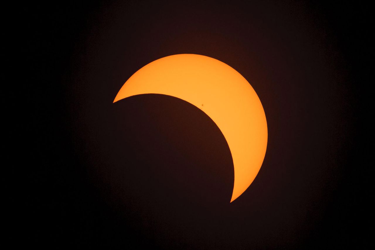 The moon moves in front of the sun during the solar eclipse in Salem, Oregon, on August 21, 2017.