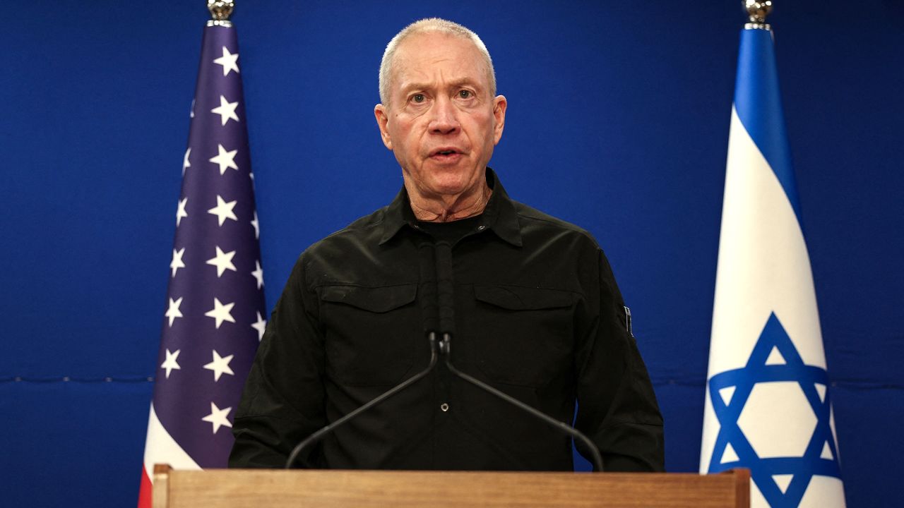 Israeli Defense Minister?Yoav?Gallant?speaks during a joint press conference at Israel's Ministry of Defense in Tel Aviv, Israel, on December 18.