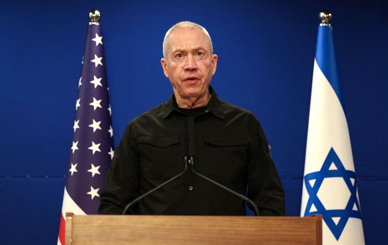 Israeli Defense Minister Yoav Gallant speaks during a joint press conference at Israel's Ministry of Defense in Tel Aviv, Israel, on December 18.