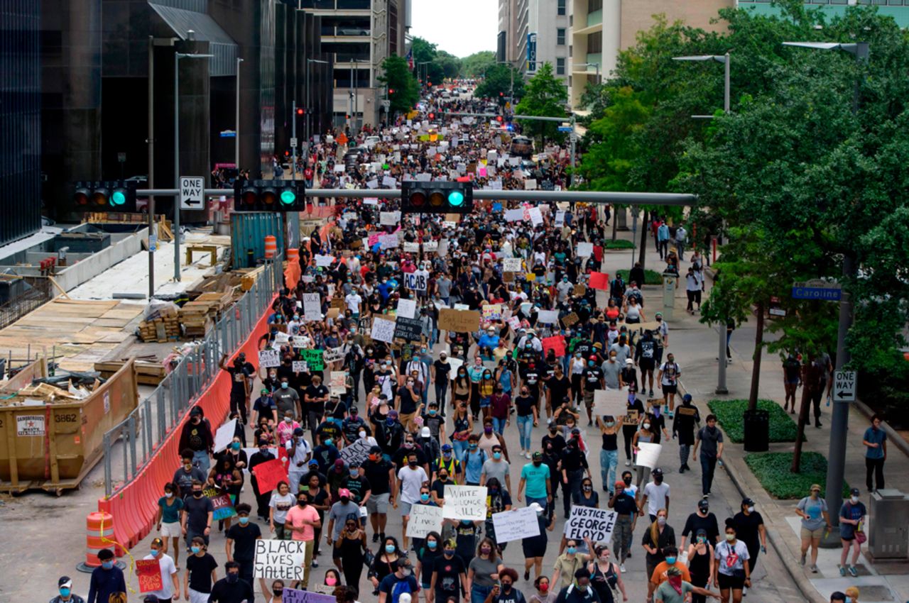 Protesters march during a demonstration over the death of George Floyd in Houston on May 29.