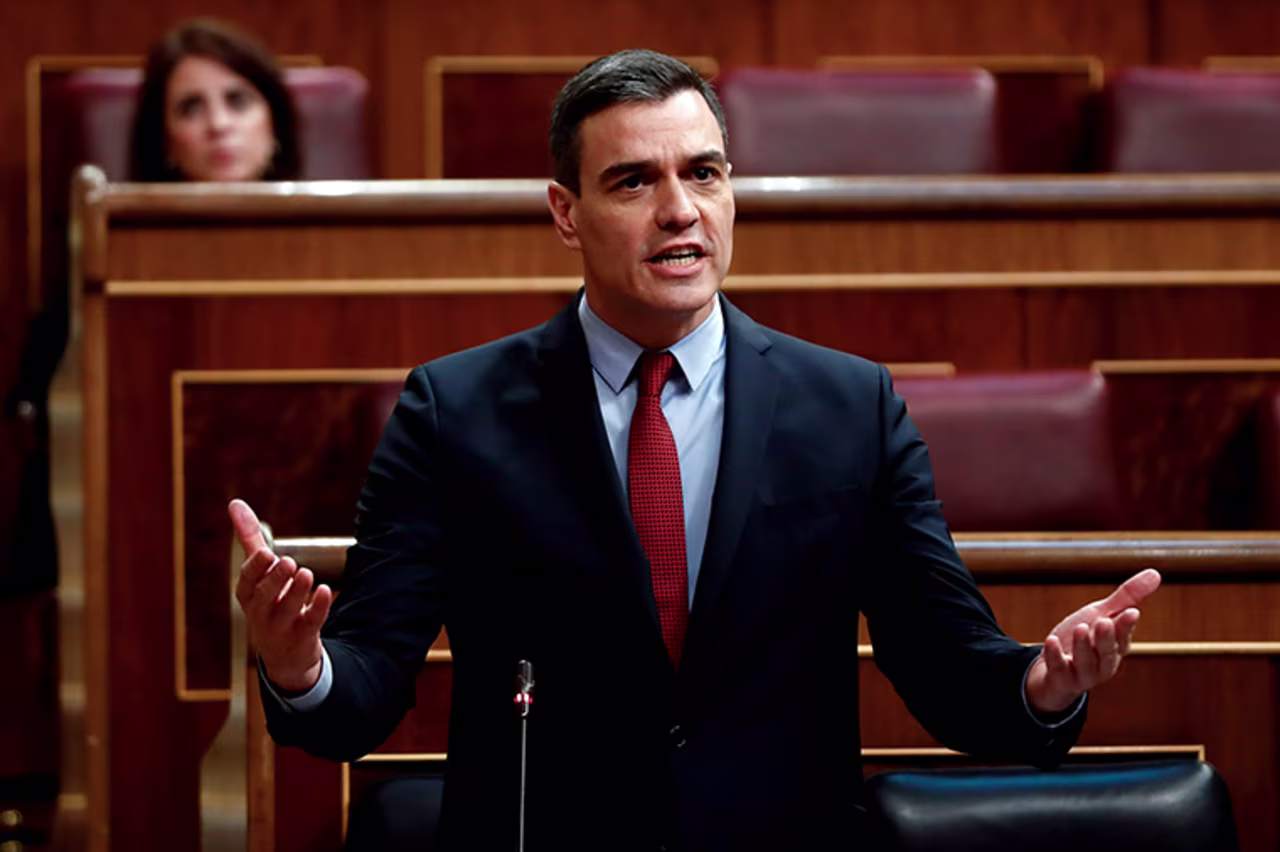 Spanish Prime Minister Pedro Sanchez delivers a speech on April 22.