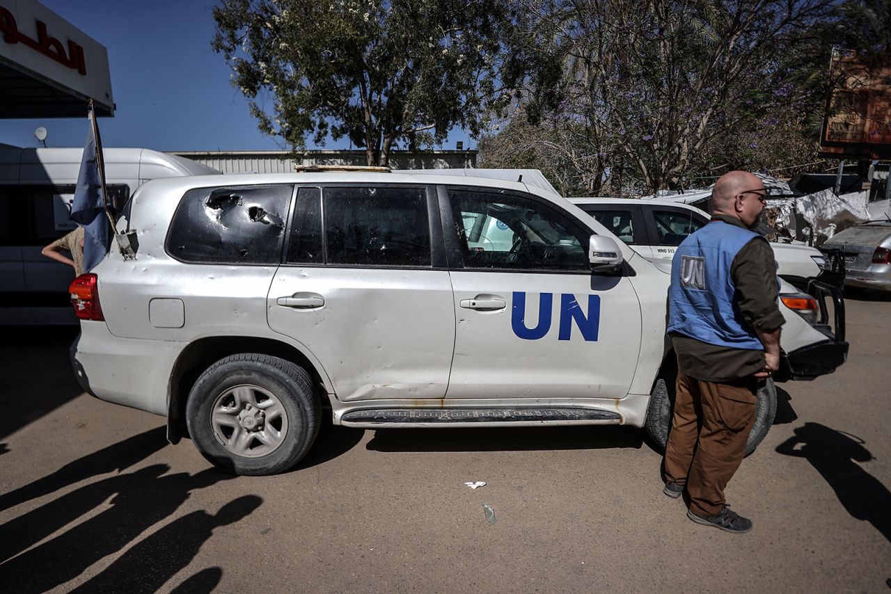 A damaged UN vehicle is seen in front of a hospital after a United Nations employee was killed in an attack, according to Israeli media, in Gaza on Monday, May 13.