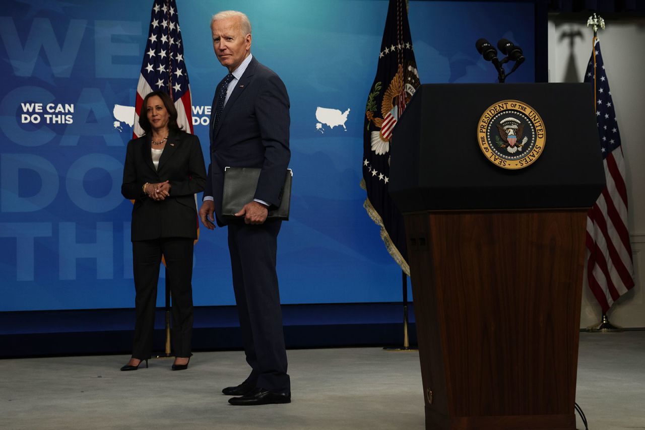 President Joe Biden, with Vice President Kamala Harris, listens to questions from members of the press after speaking at the South Court Auditorium in Washington on Wednesday, June 2.