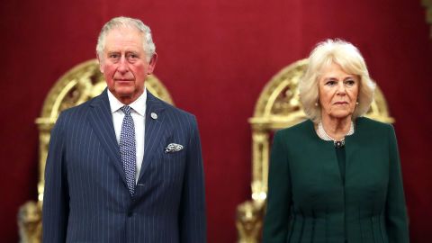 Prince Charles and Camilla, Duchess of Cornwall, attend an event on February 20 at Buckingham Palace in London.