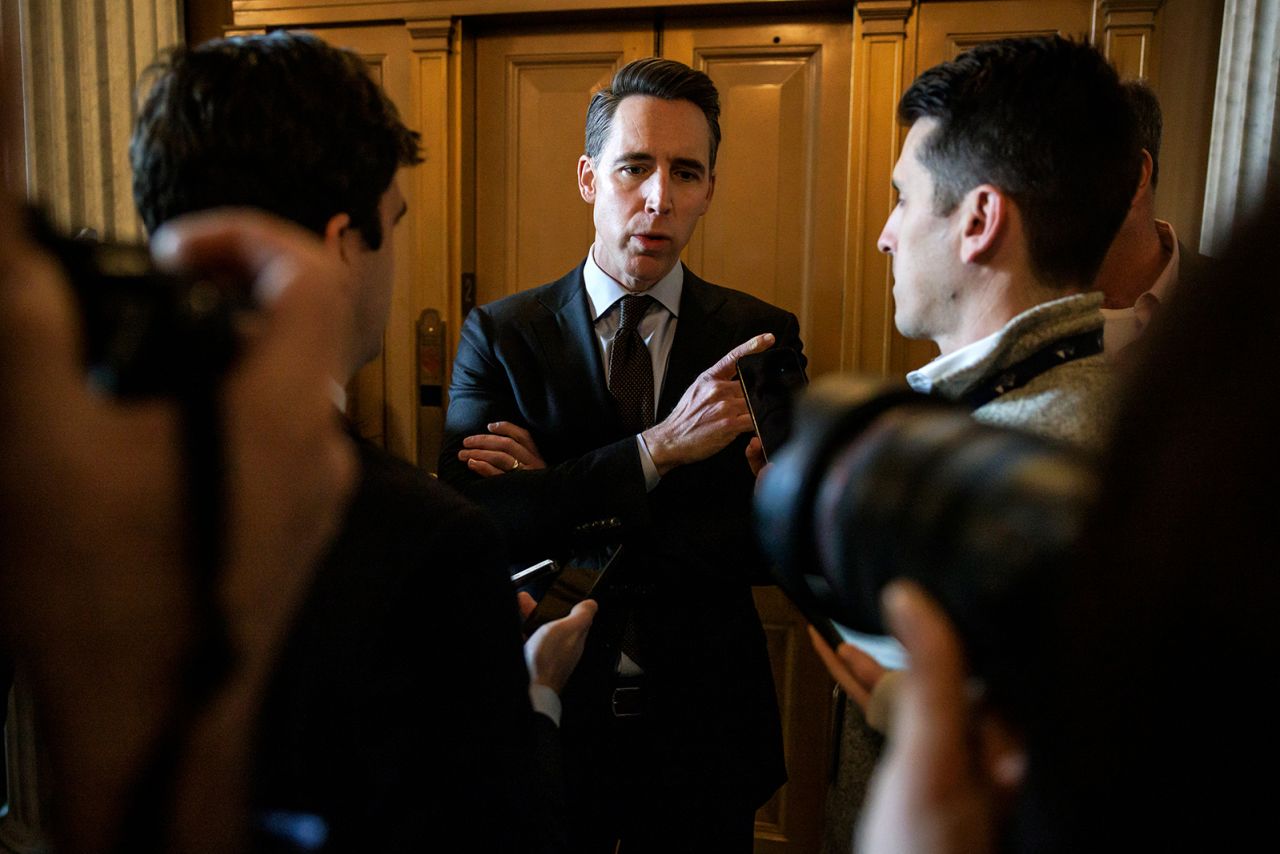 Sen. Josh Hawley talks to reporters on January 23, in Washington, DC. 